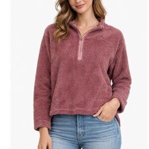 Abound Cozy dusty Pink/maueve Fleece fuzzy Pullover 1/4 zip teddy cropped SZ MD
